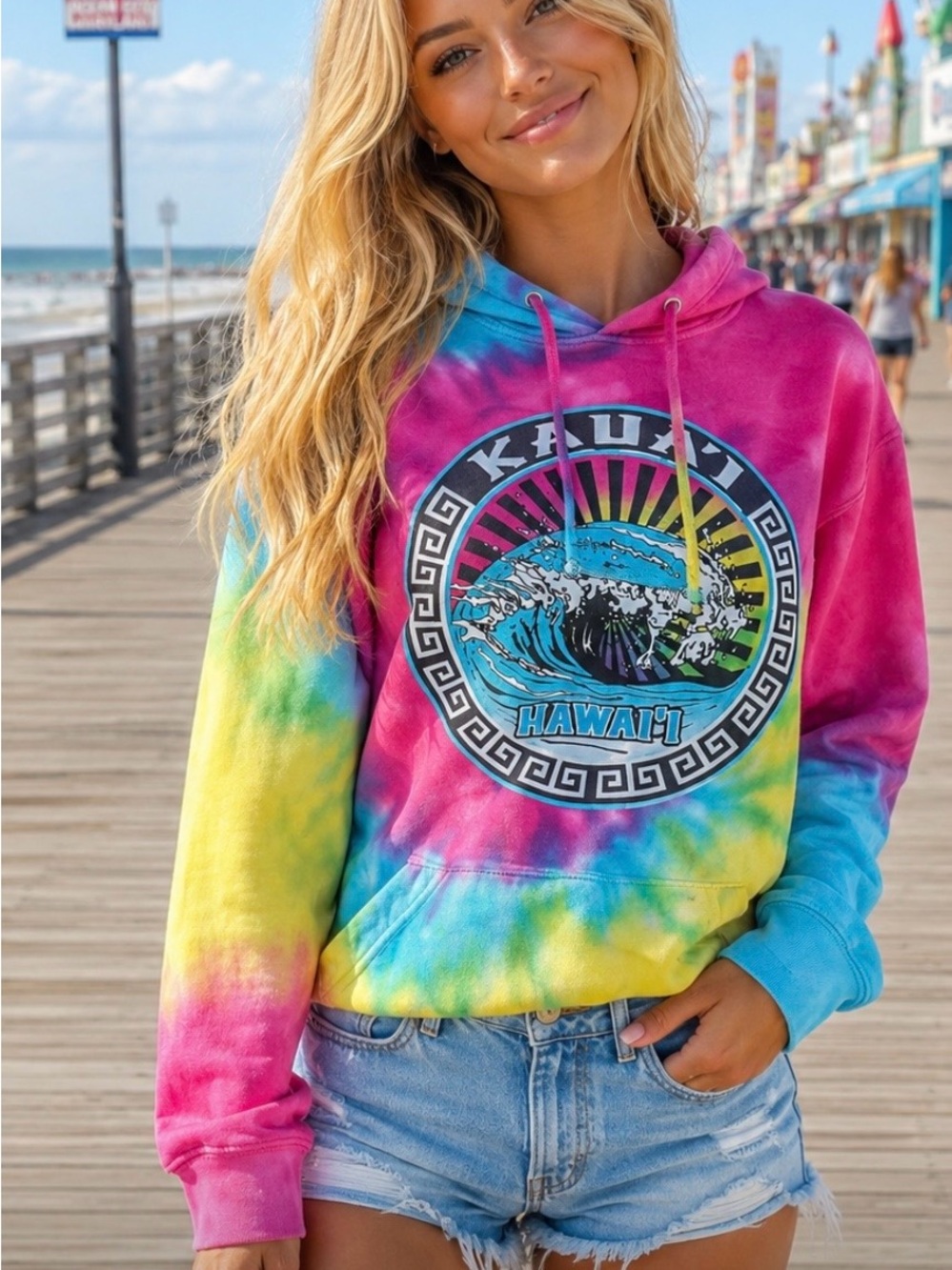 Kauai Hawaii tie-dye hoodie with wave graphic in size S #hawaii #tiedye